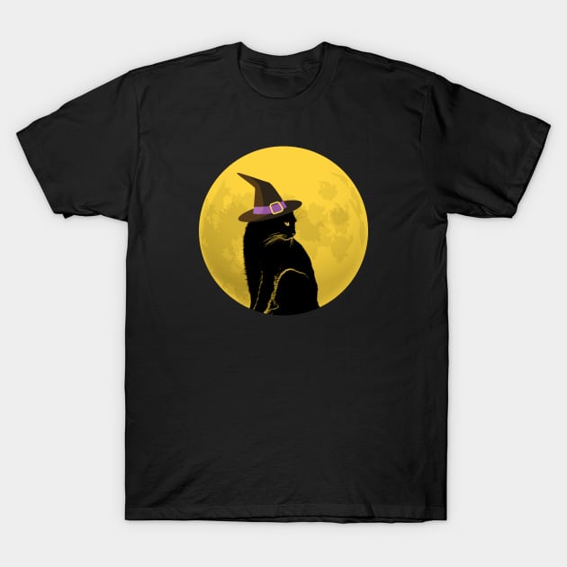 Black Witch Cat and Full Moon T-Shirt by dentikanys